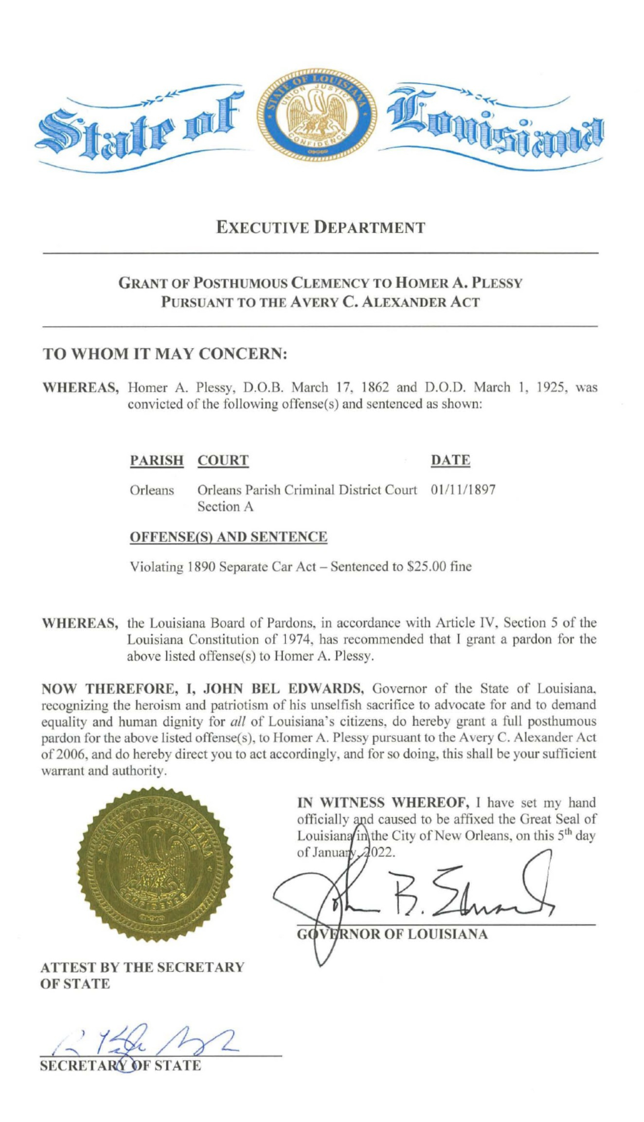 The Pardon of Homer Plessy The Pardon of Homer Plessy